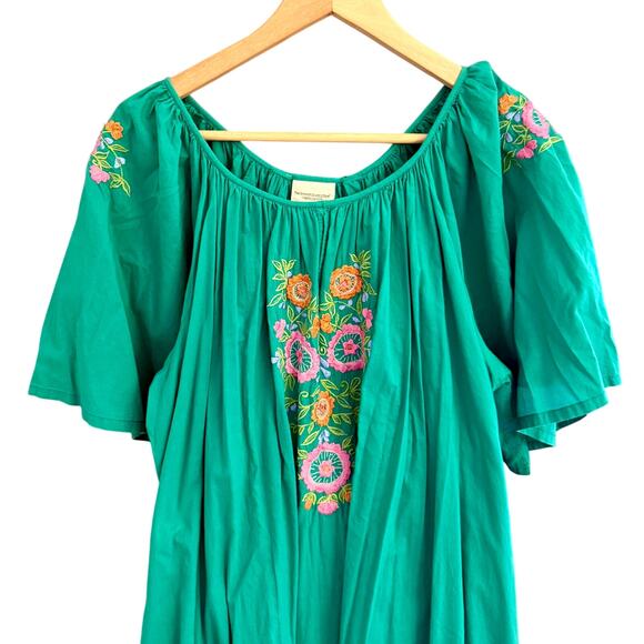The Vermont Country Store Dress L Green Embroidered Floral Cotton Gauze Peasant - Picture 2 of 8